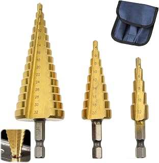 3Pcs Step Drill Bit, Step Drill with a Storage Bag, 4-12mm, 4-20mm and 4-32 mm Step Drill Bits Set, Cone Cutterc for Thin Iron Plate, Stainless Steel Plate, Aluminium Plate, Wooden Board