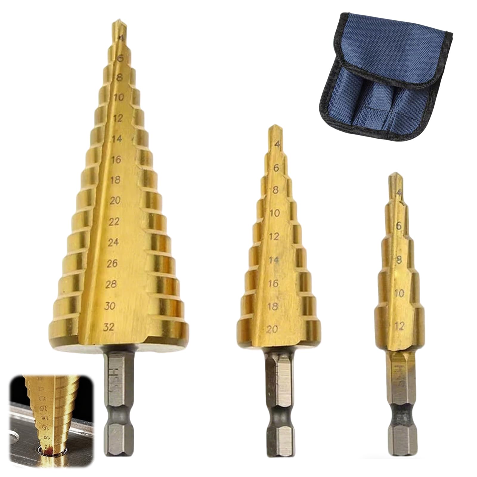 3Pcs Step Drill Bit, Step Drill with a Storage Bag, 4-12mm, 4-20mm and 4-32 mm Step Drill Bits Set, Cone Cutterc for Thin Iron Plate, Stainless Steel Plate, Aluminium Plate, Wooden Board
