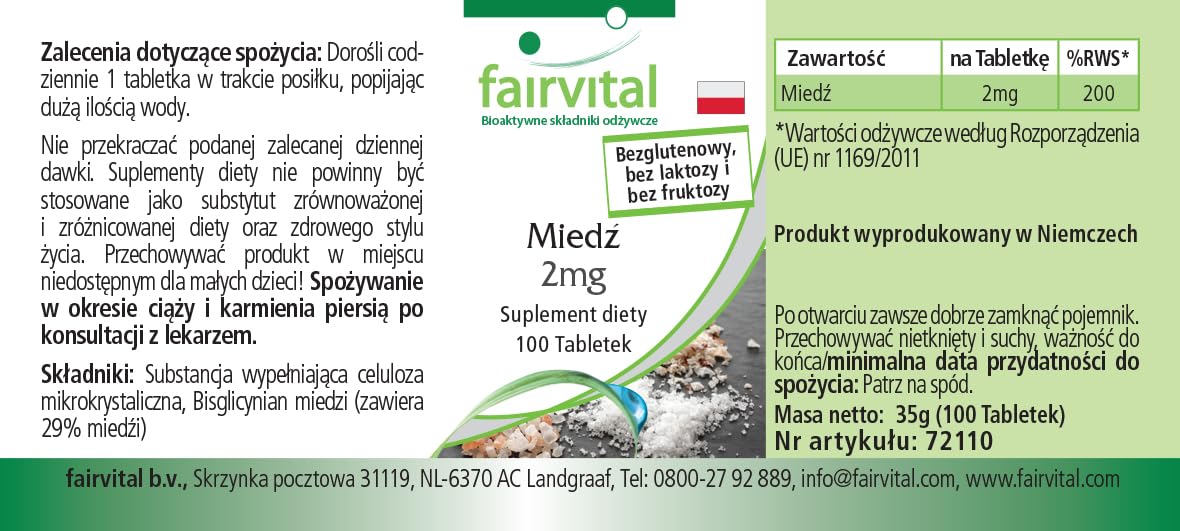 fairvital Compresse di rame 2 mg, ALTO DOSAGGIO, integratore alimentare a base di bisglicinato di rame, vegano, 100 compresse, facili da deglutire