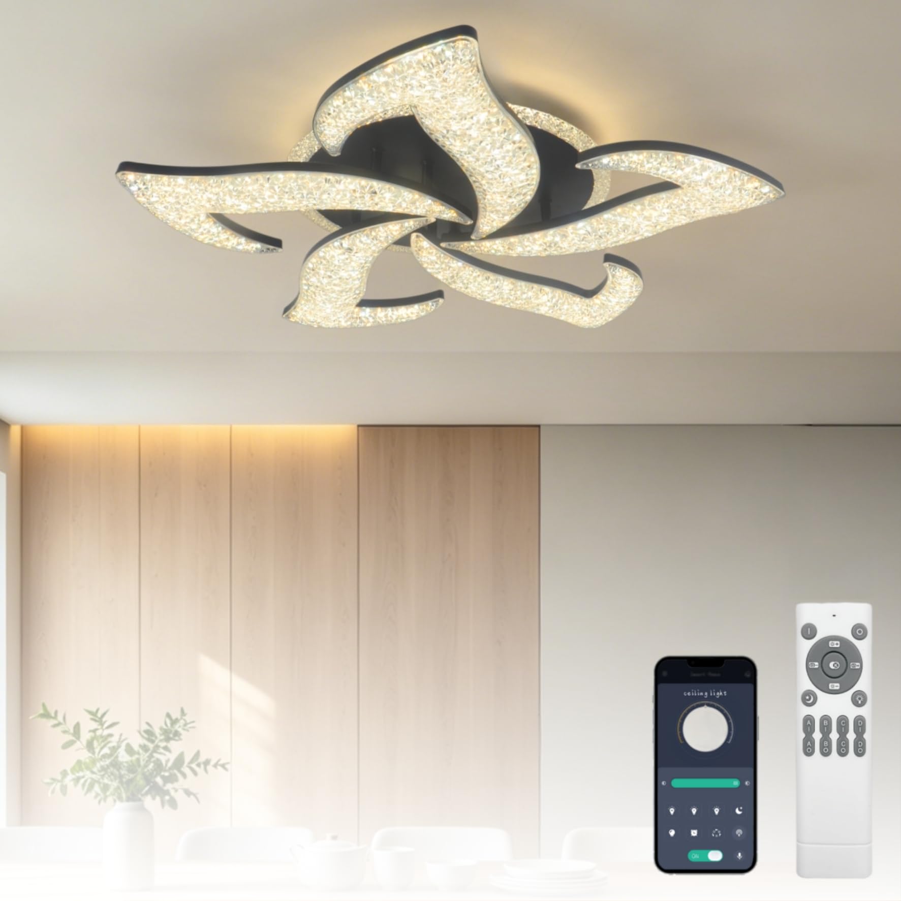 Lampadario LED Soffitto, 65W Plafoniere da Soffitto con Telecomando/Controllo Tramite APP, Dimmerabile Lampadari Moderni LED per Sala da Pranzo/Soggiorno/Ingresso