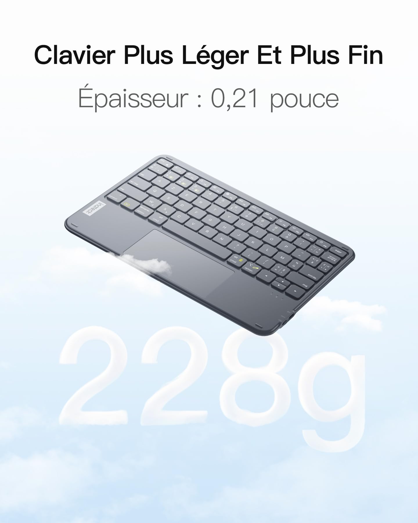 Inateck Clavier Bluetooth 3 canaux avec pavé Tactile, Clavier sans Fil AZERTY Ultra Fin et Portable, Compatible avec Windows et iPad OS, KB01105 Gris