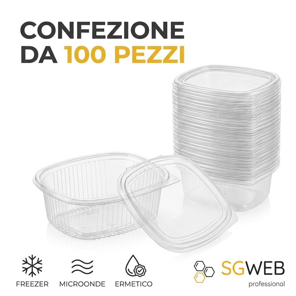Contenitori Ermetici per Alimenti [100 Pezzi] 500ml - Vaschette in Plastica per Alimenti Usa e Getta, Contenitori per Freezer Monoporzione e Microonde, Vaschetta Ovale con Coperchio