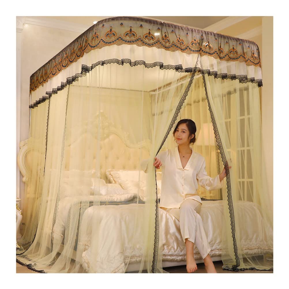 GJMSSMY Romantic lace bed canopy mosquito net, Single bed double bed king bed curtain with metal support, 120cm/150cm/180cm200cm (Color : Yellow, Size : 200X220CM)