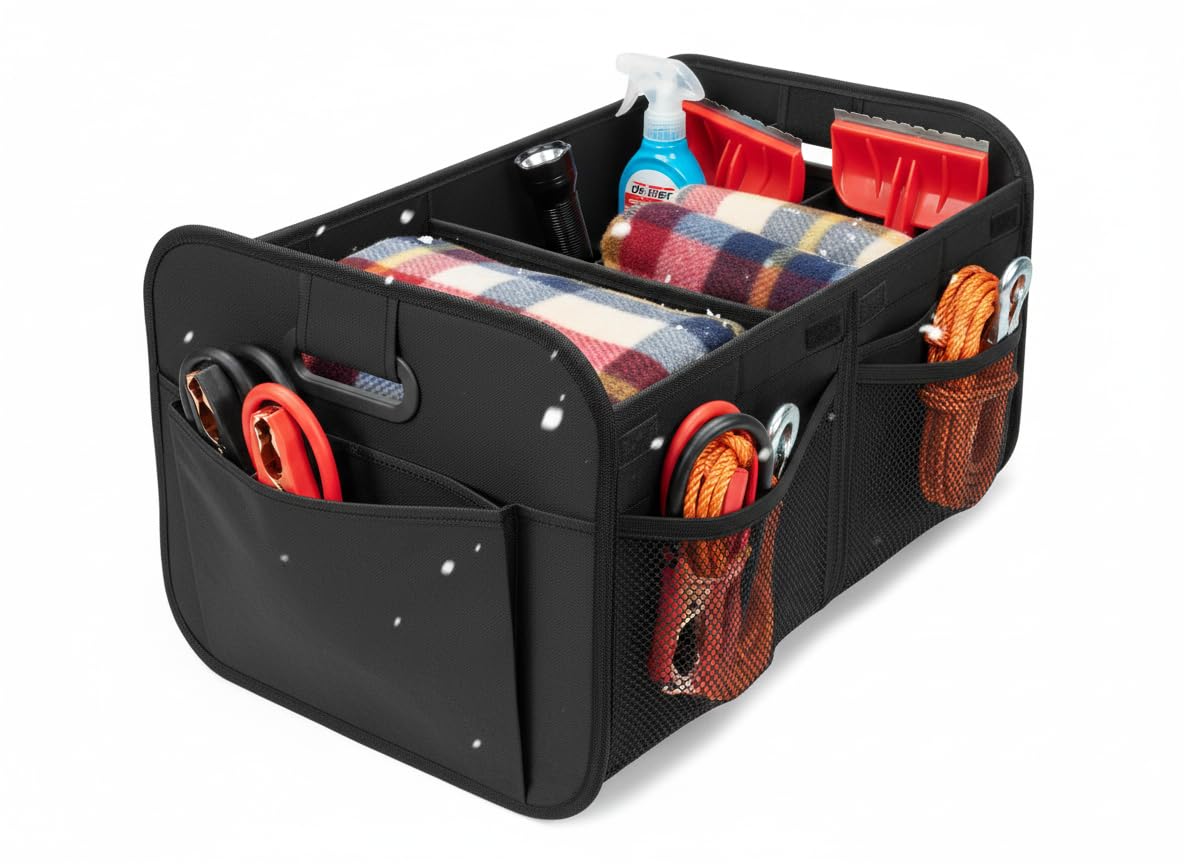 Fiyon Black Car Boot Organiser, Foldable Boot Storage Organiser With Reinforced Handles, Multi-Compartment Car Boot Tidy, Non-Slip Base, Collapsible Storage Box For Cars, Suvs & Vans