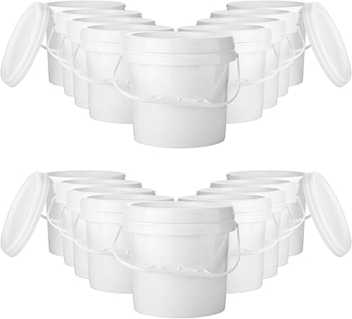 Gerrii 24 recipientes de almacenamiento de alimentos comerciales blancos de 1 galón con tapas y asa, cubo redondo de plástico multiusos para