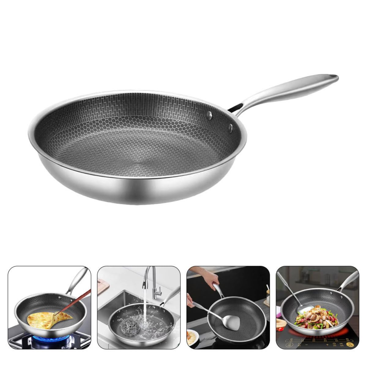 SHINEOFI Padella Padella Antiaderente per Uova Fondo Piatto in Acciaio Inossidabile Resistente al Calore per Cucina e Friggere per Uso Quotidiano