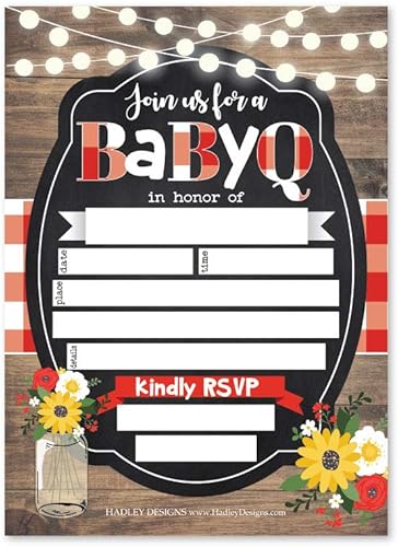 25 invitaciones de baby shower Babyq, invitación de espolvorear para niño o niña, barbacoa rústica mixta tema de revelación neutra de género, linda