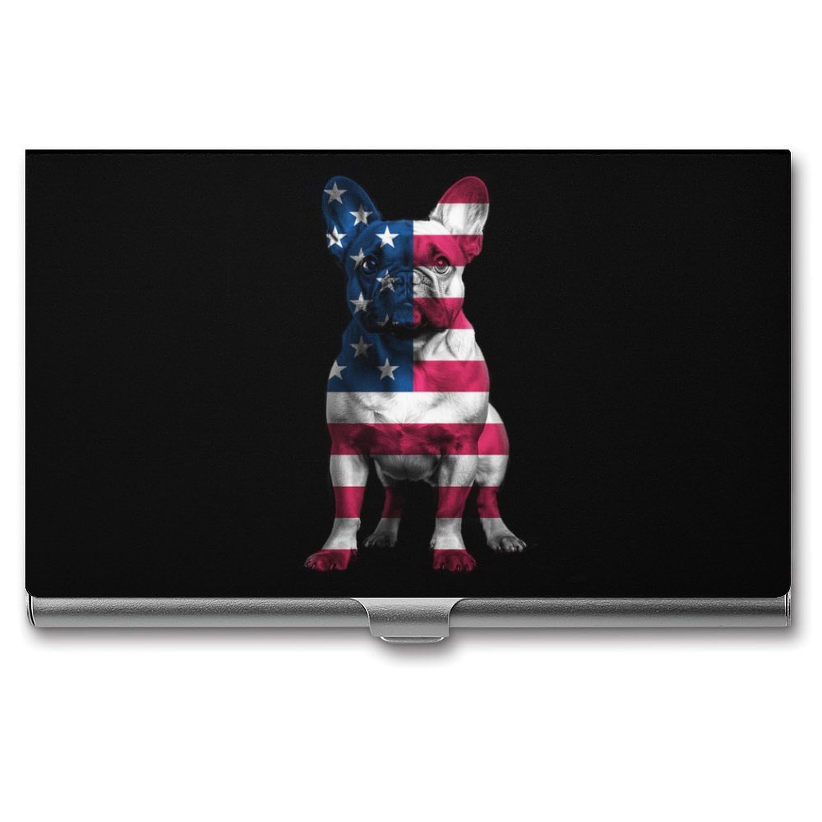 DULAHR French Bulldog American Flag Business Card Holder Pocket Business Card Case Metal Case Name Card Holder Men Women