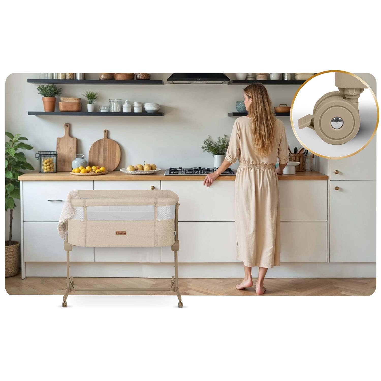Nukido Babybett Beistellbett Reisebett - Bis 9 kg 5 Monate - Mit Matratze - Klappbar - Auf Rollen - Höhenverstellbar - Beige