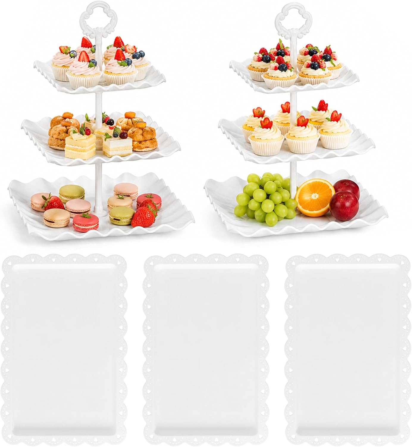 5 Pcs Dessert Table Display Set, 2 Pcs White 3-Tier Cake Stands & 3 Pcs Large Serving Trays, Plastic Cake Stand Set for Wedding, Party Decor, Fruit Platter, Home Organization