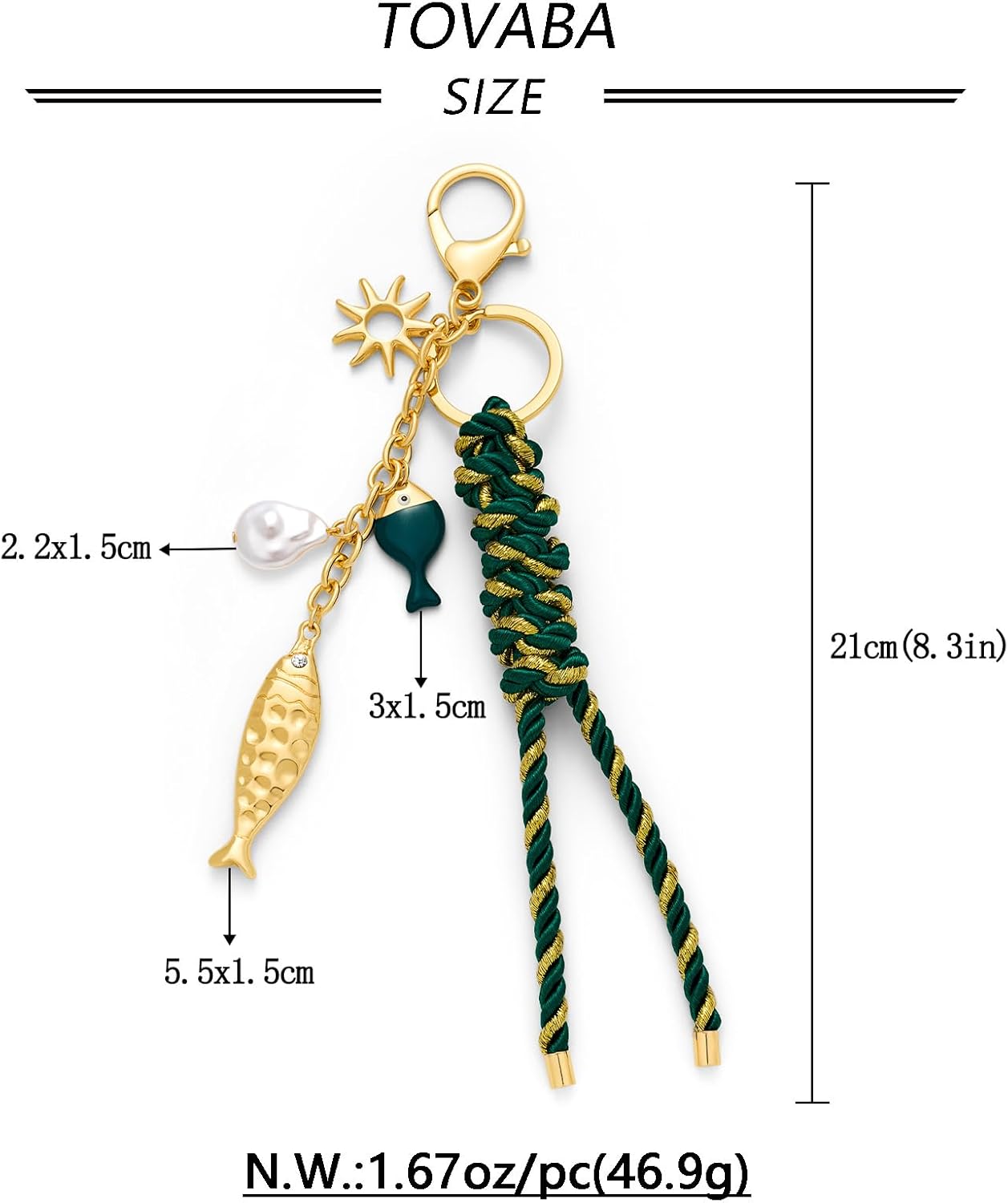 Fish Keychain Purse Charms for Handbags Green Rope Knot Bag Charm Ocean Style Sun Fish Gold Keychain Purse Backpack Charms for Summer Beach Bag Charm Key Accessories - Image 7