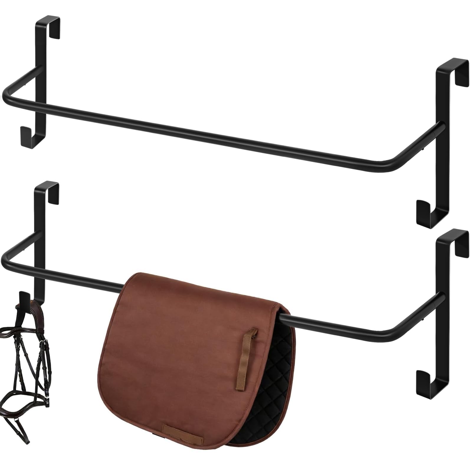 Meyoppm - 2 soportes resistentes para mantas de caballo con ganchos de brida, barra de manta montada en la pared sin taladrar, soporte de almohadilla para almacenamiento de tachuelas de caballo
