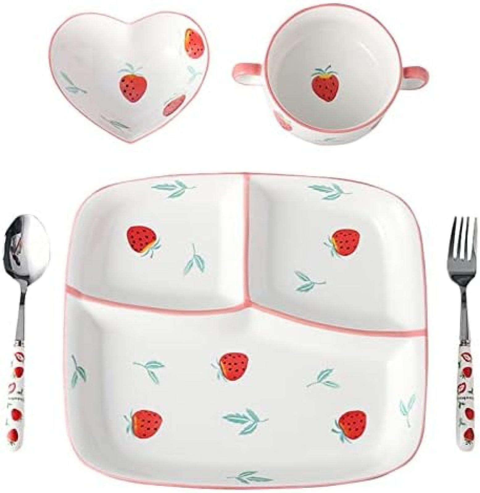 Assiette Divisée/Bol À Soupe/cuillère/Fourchette Ensemble De Couverts Une Personne Utiliser des Assiettes Bariatriques pour Le Contrôle des Portions - 5 Pièces Ustensiles De Cuisine,Motif Fraise,P