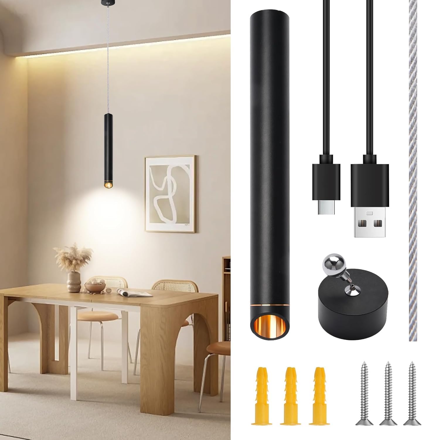 Pendelleuchte Akku 6000mAh Magnetische Hängelampe mit Batterie Wiederaufladbar Dimmbar LED Hängeleuchte Höhenverstellbar Zylinder Innen Beleuchtung für Esstisch Kücheninsel Bar Nachttisch Schlafzimmer
