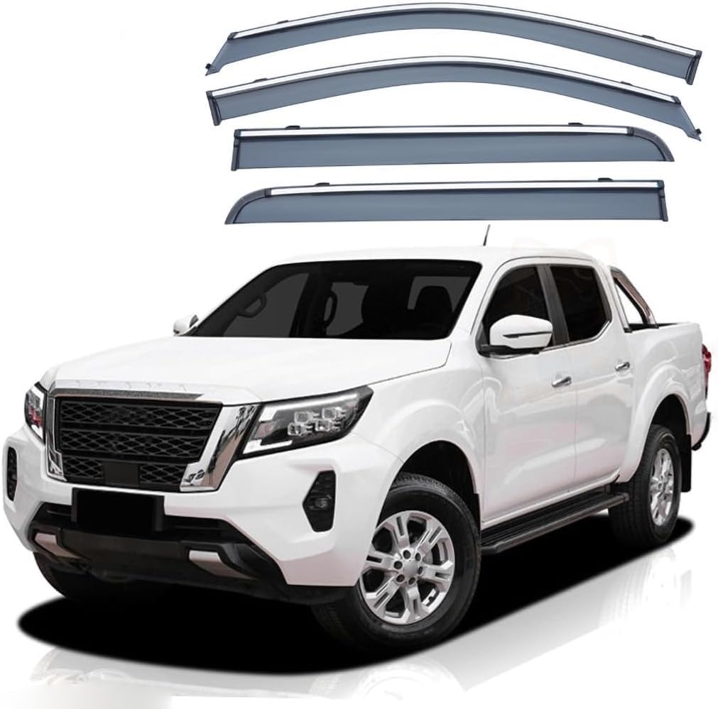 FengXH Window Deflectors for Nissan Navara D23 2015-2022+ - 4pc Smoke Tint, Waterproof, Noise Reducing.