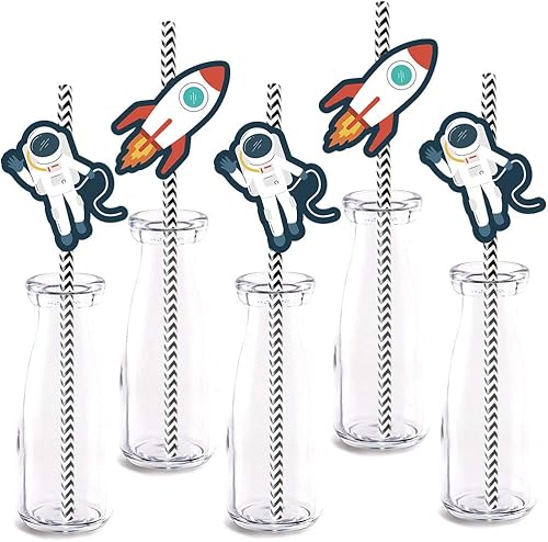 Decoración de pajitas para fiestas espaciales, paquete de 24 unidades, decoración de fiesta de cumpleaños, baby shower, pajitas decorativas de papel