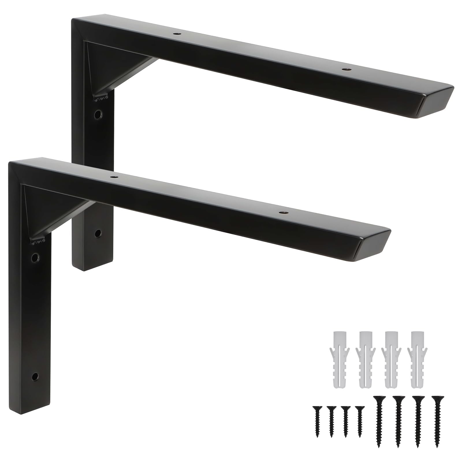 Terafeels 2 Pack Black Shelf Brackets – Stainless Steel L Shaped Wall Shelf Supports with Triangular Reinforcement, Hollow Design, Screws and Wall Plugs Included 10 Inch