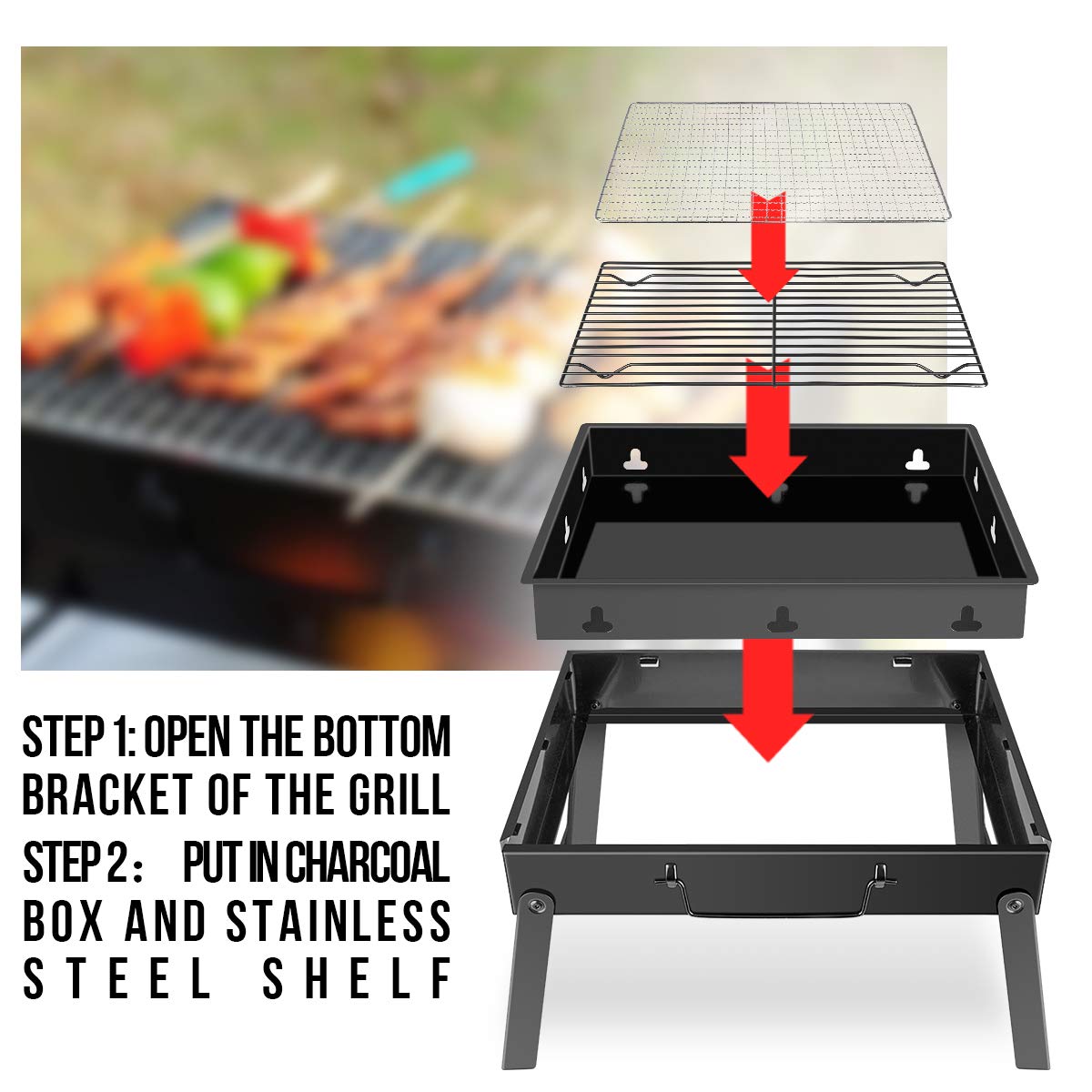 WOSTOO - Mini Barbecue Portatile, a Carbone, Pieghevole, Colore: Nero, Ideale per Picnic, Party, Feste all’Aperto