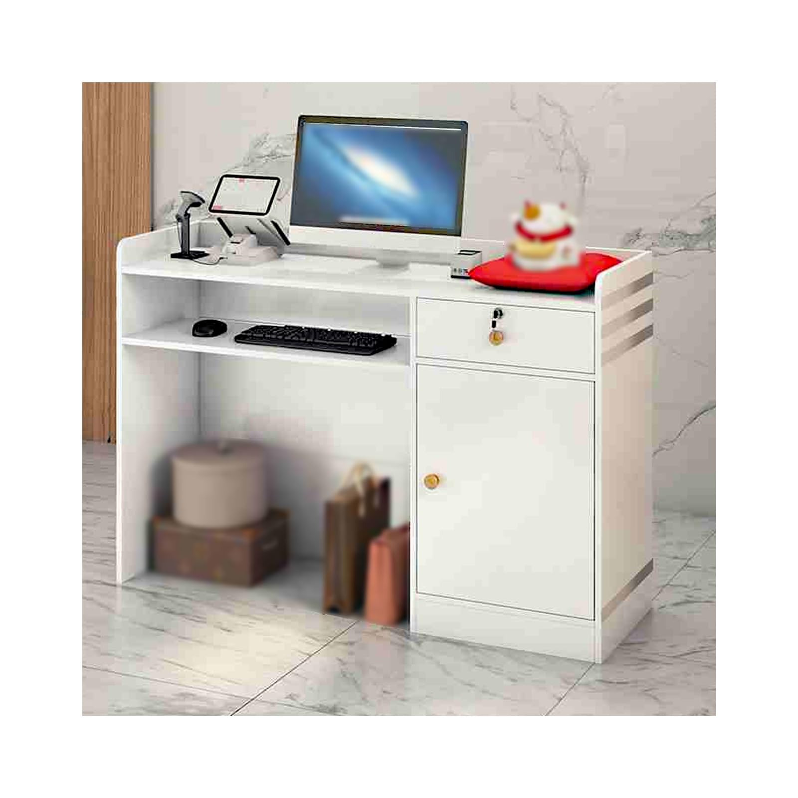 Modern L-Shaped Reception Desk & Checkout Counter - Stylish Office Counter for Barber Shops, Beauty Salons & Retail Stores - White/Silver, 100CM (39.4in)