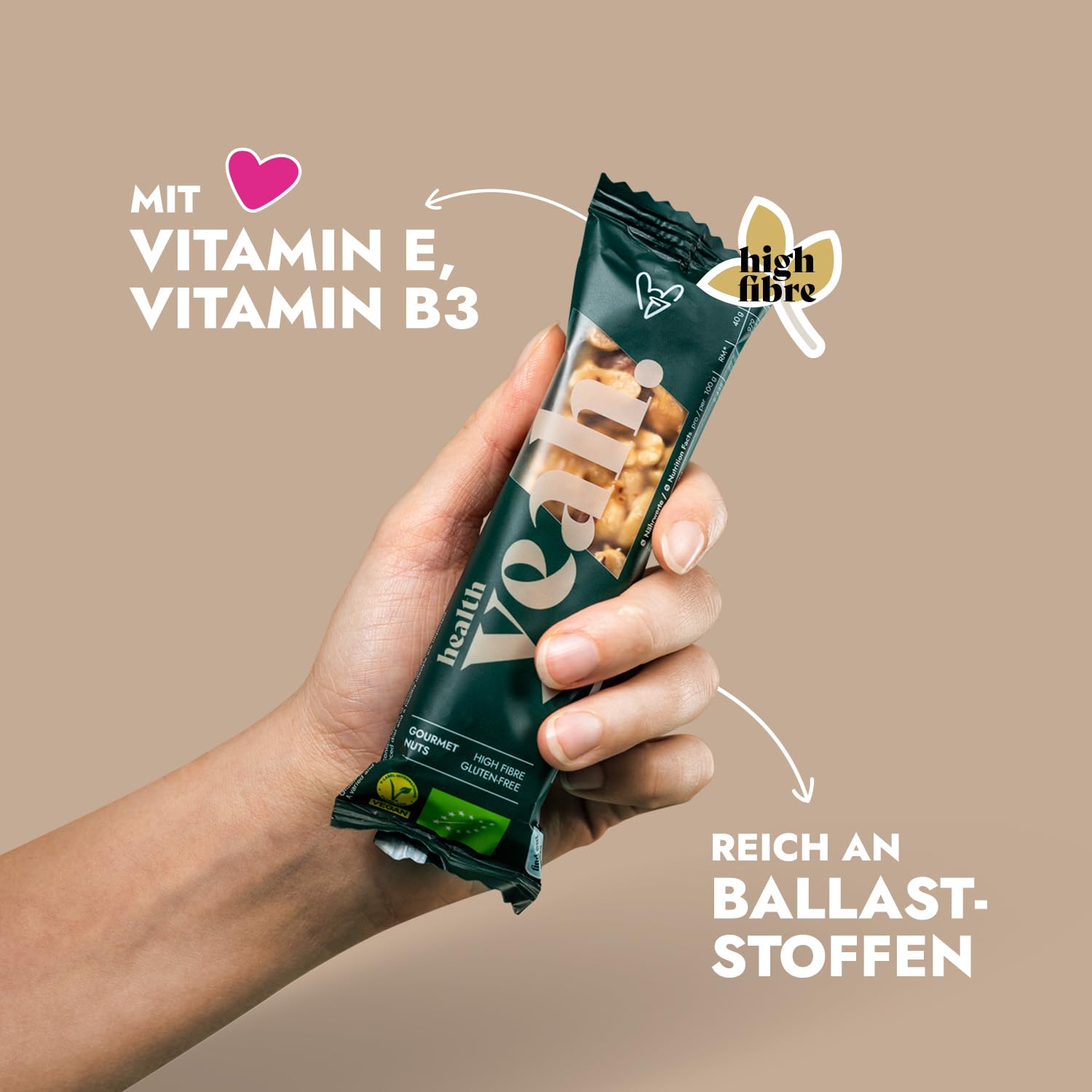 Health Yeah Bio Nussriegel – Entwickelt von Manuel Neuer – Premium Bio-Nussmischung mit Erdnüssen, Mandeln, Haselnüssen & Cashewpaste – Vegan, glutenfrei, ohne Zuckerzusatz – 12 x 40g