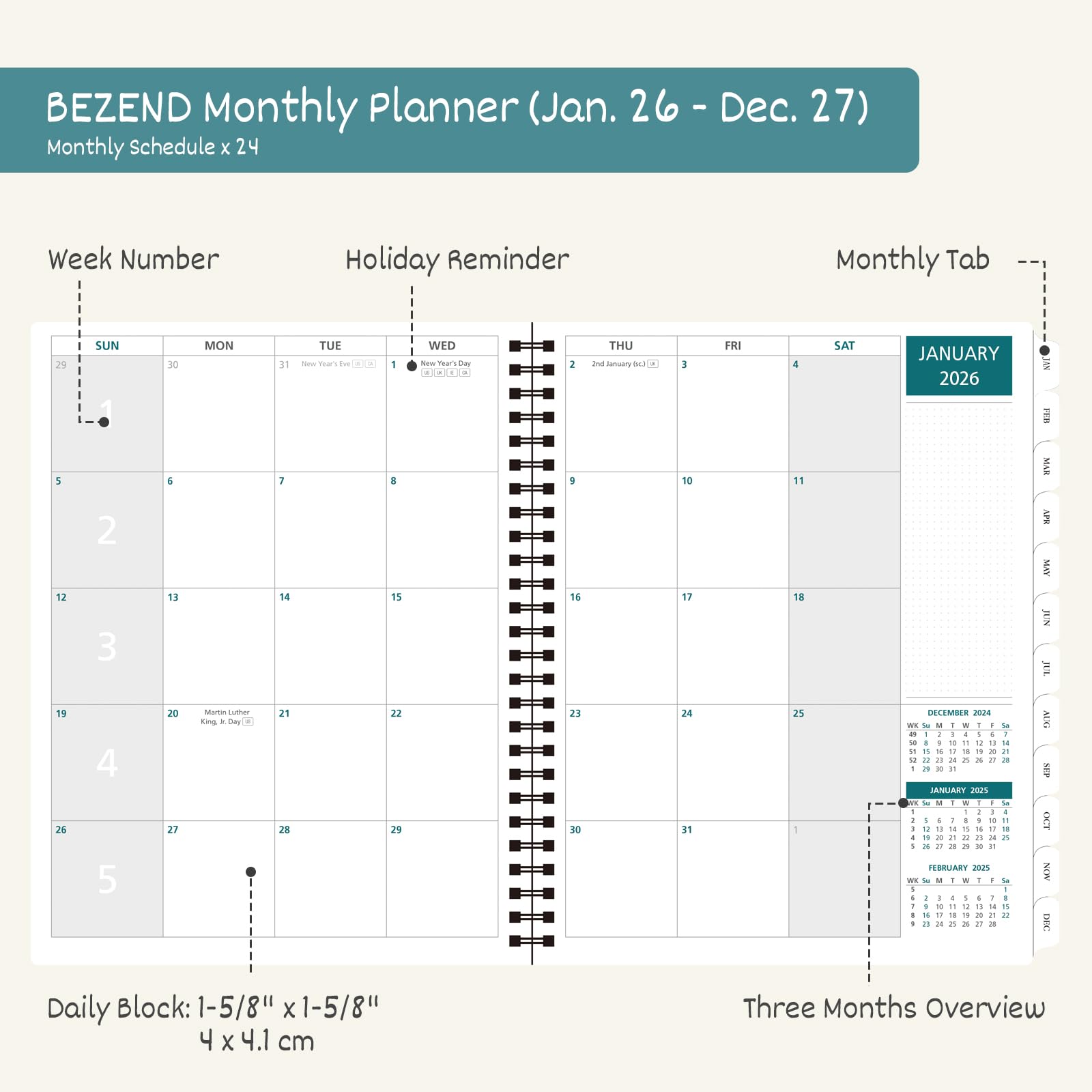 BEZEND 2026 Diary A4 Week To View (Jul 25-Dec 26) With Time Slots. Vertical Weekly Planner & Appointment Book With Note Pages, Monthly Tabs & Pen Holder, Vegan Leather Hardcover, Turquoise - View #9
