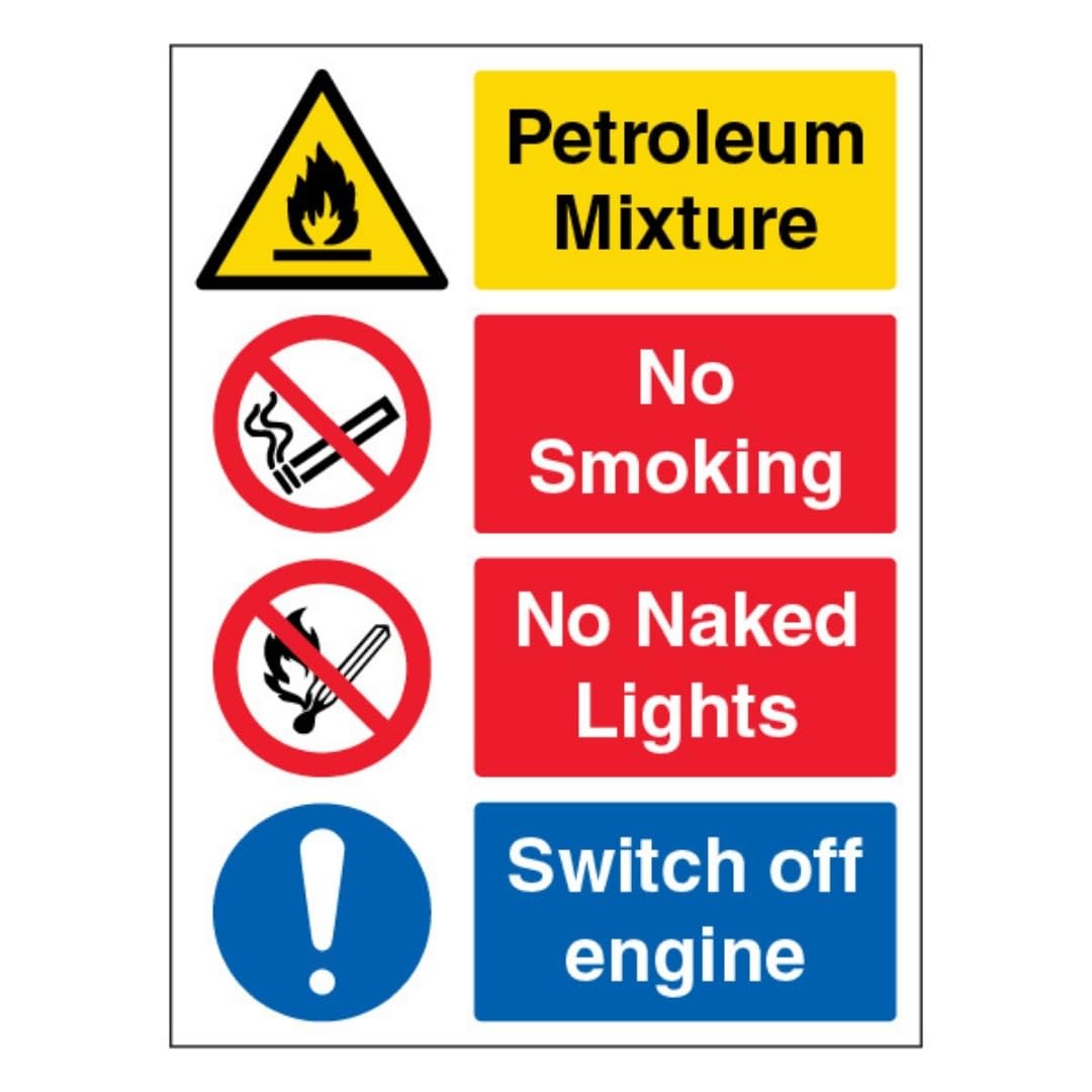 V Safety Petroleum Mixture/No Smoking/No Naked Lights - Portrait 200 x 300 mm - 2mm Super-Tough Rigid Plastic Safety Sign