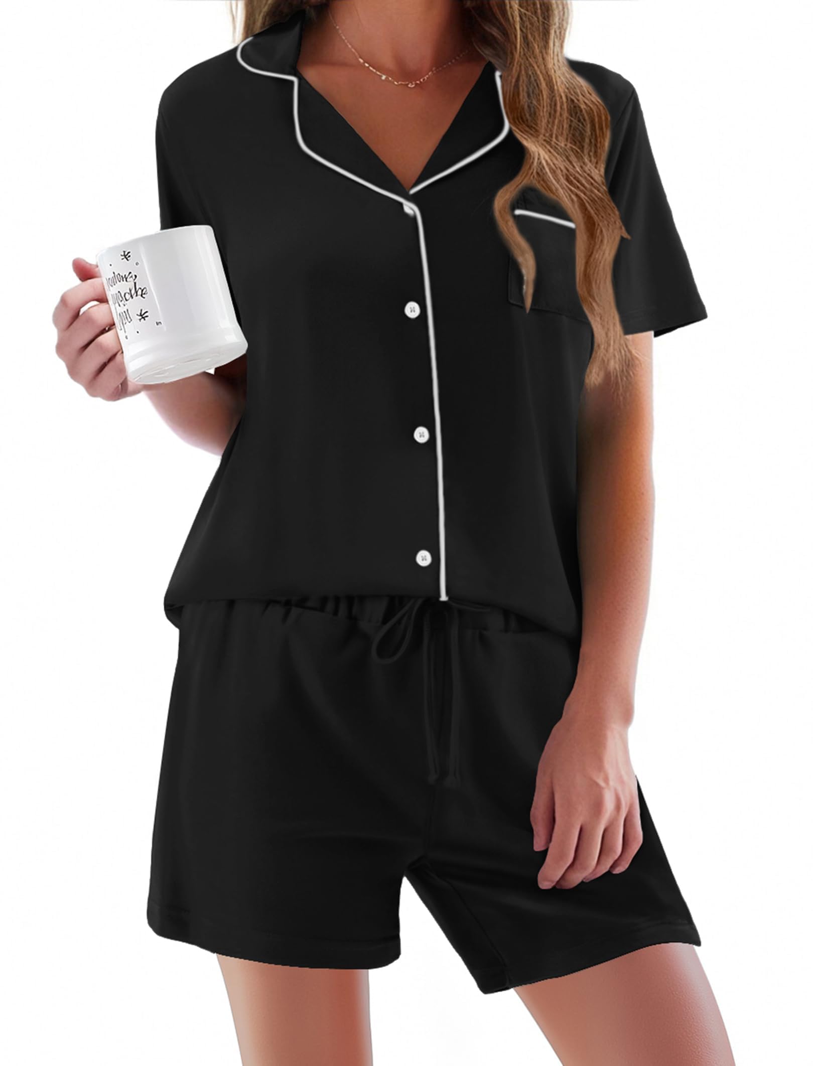 Ekouaer Schlafanzug Damen Kurz Pyjama Set Kurzarm Schlafanzüge Frauen Sommer Hausanzug Kurz Lounge Set Zweiteiliger Sleepwear mit Knöpfen und Taschen,S-XXL
