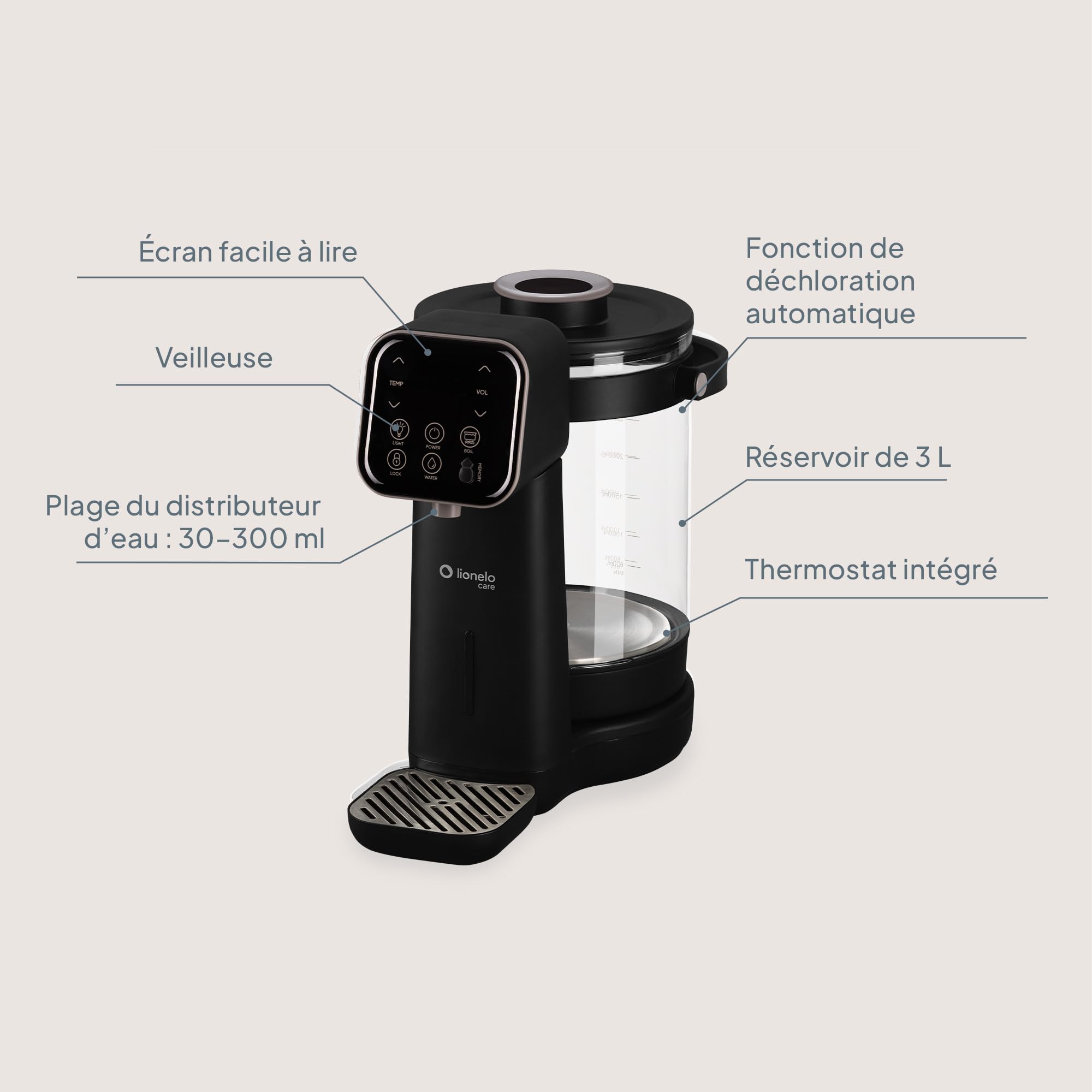 Lionelo Babypresto 2.0 Préparateur de Biberon Automatique, Noir | Chauffe-Eau Bébé 40-100°C, Dosage 30-300 ml, Réservoir en Verre 3 l, Mémoire, Écran LED, Mode Nuit et Lampe UV