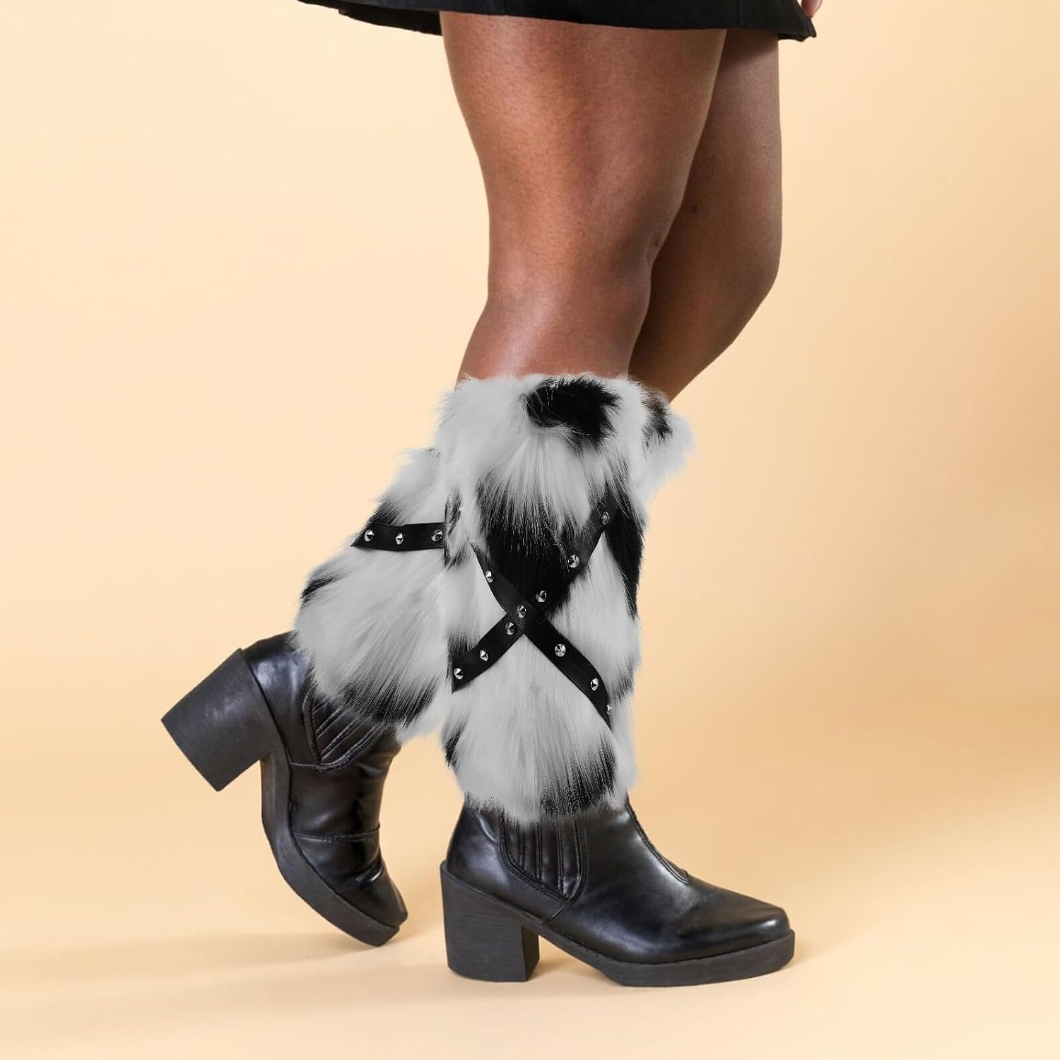 OUNONA Cow Print Leg Warmers and Fluffy Boot Covers Faux Fur Thermal Furry Costume Accessories for Winter Music Festivals and Punk Style 30cm