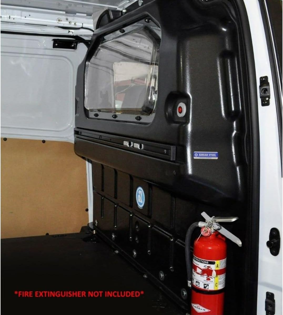 Adrian Steel PARTC Composite Partition installed in a Transit Connect van, viewed from the side cargo area.