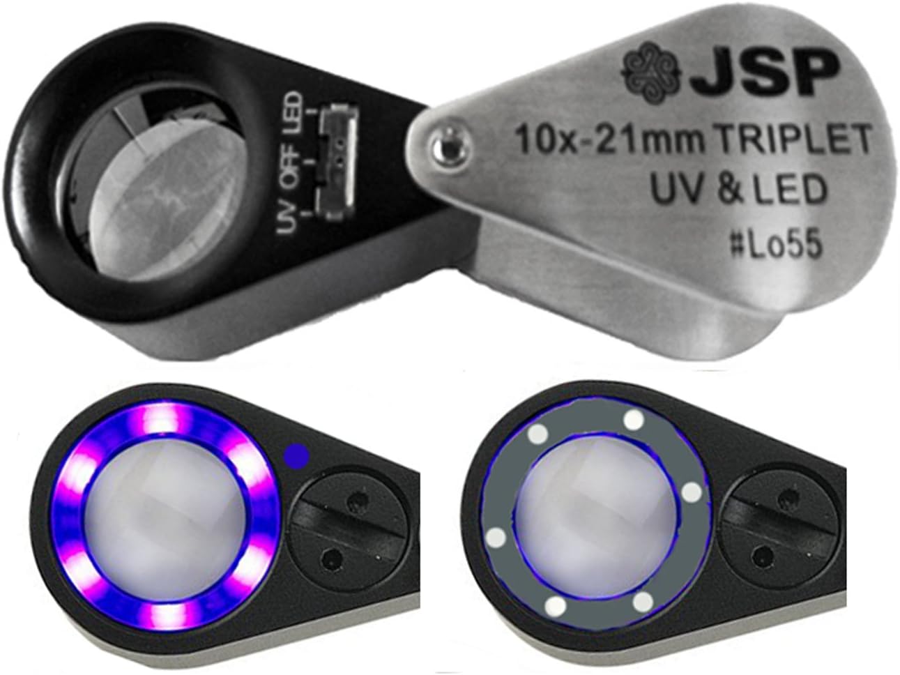 JSP 10 x 21mm Achromatic, Aplanatic, Color Corrected Triplet Loupe with UV & LED Lights