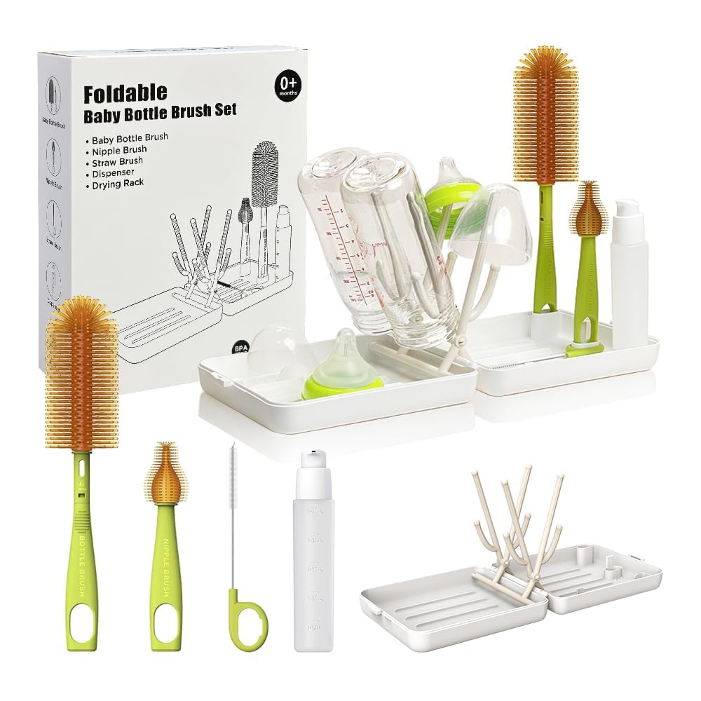Baby Travel Essential Bottle Cleaner Kit with Silicone Bottle Brush,Built-in Drying Rack,Silicone Nipple-Shaped Brush,Straw Brush,Bottle Soap Dispenser,Bottle Warmer Bowl. (White)