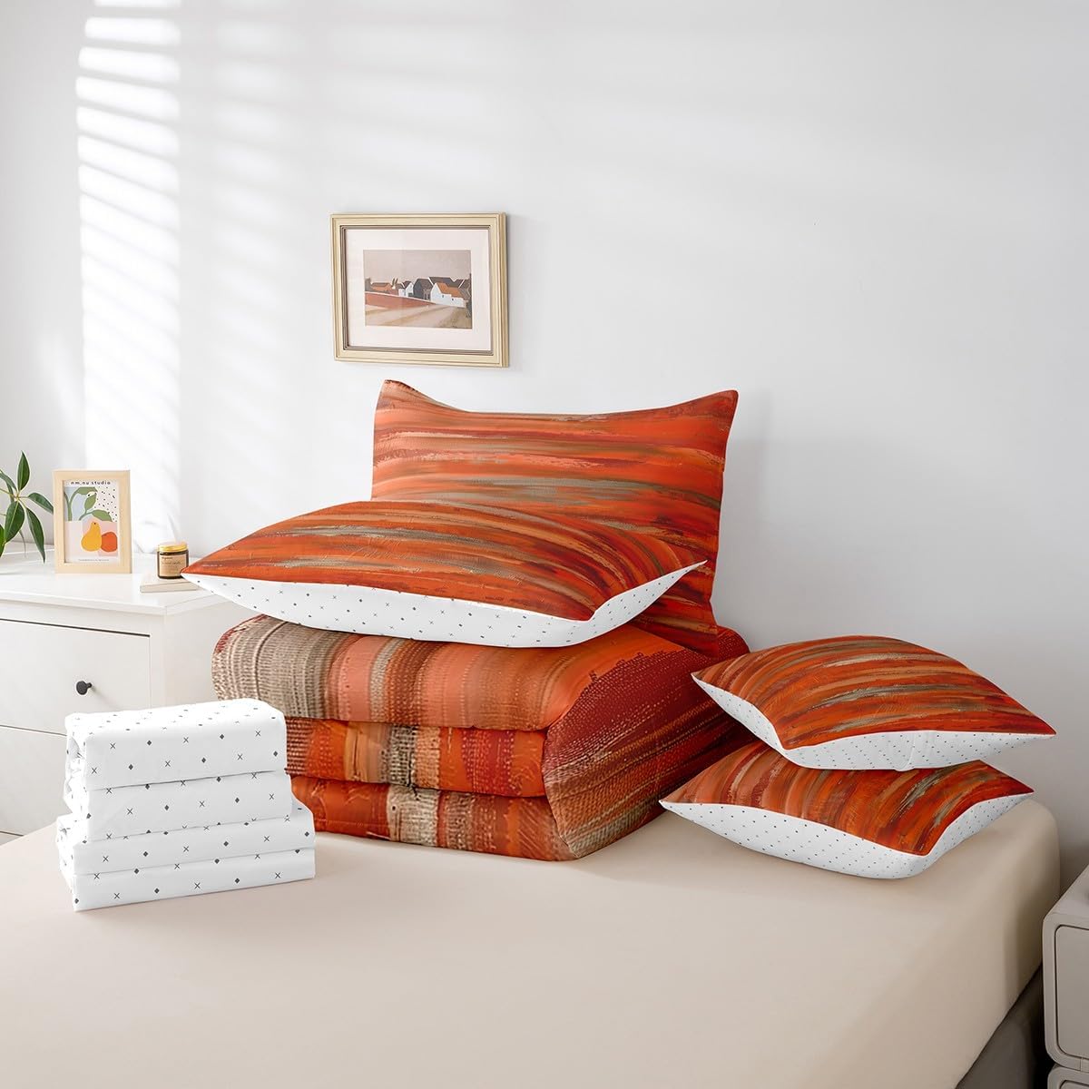 Erosebridal Oil Painting Orange Full Size Comforter Set 7pcs Aesthetic Ombre Bed in a Bag, Watercolor Gradient Bedding Comforter Sets with Fitted Sheet Flat Sheet Pillowcases Throw Pillow Covers - Image 5