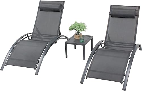 Miniatura 8 de Juego de 3 tumbonas para patio, sillas de aluminio para exteriores con reposacabezas, tumbona para tomar el sol, sillas de bronceado para piscina,