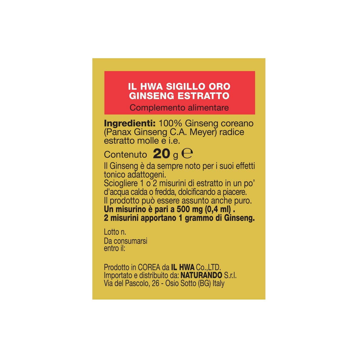 Naturando Ginseng Bianco Sigillo Oro Estratto Molle Tonico adattogeno ad azione Antiaffaticamento- confezione da 20 gr