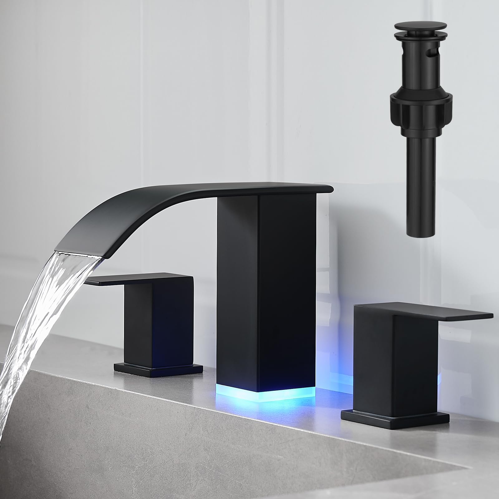 RUMOSE LED Bathroom Faucets Set Matte Black 8 inch Bathroom Sink Faucet 3 Hole with Pop Up Drain