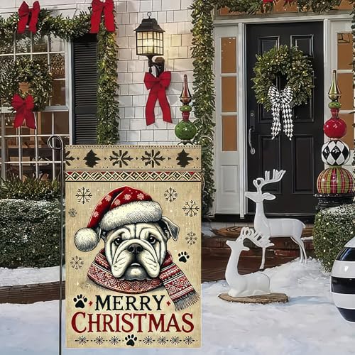 Image of BlissYard Christmas Garden Flag 12x18 Inch Bulldog Santa Hat Yard Decor