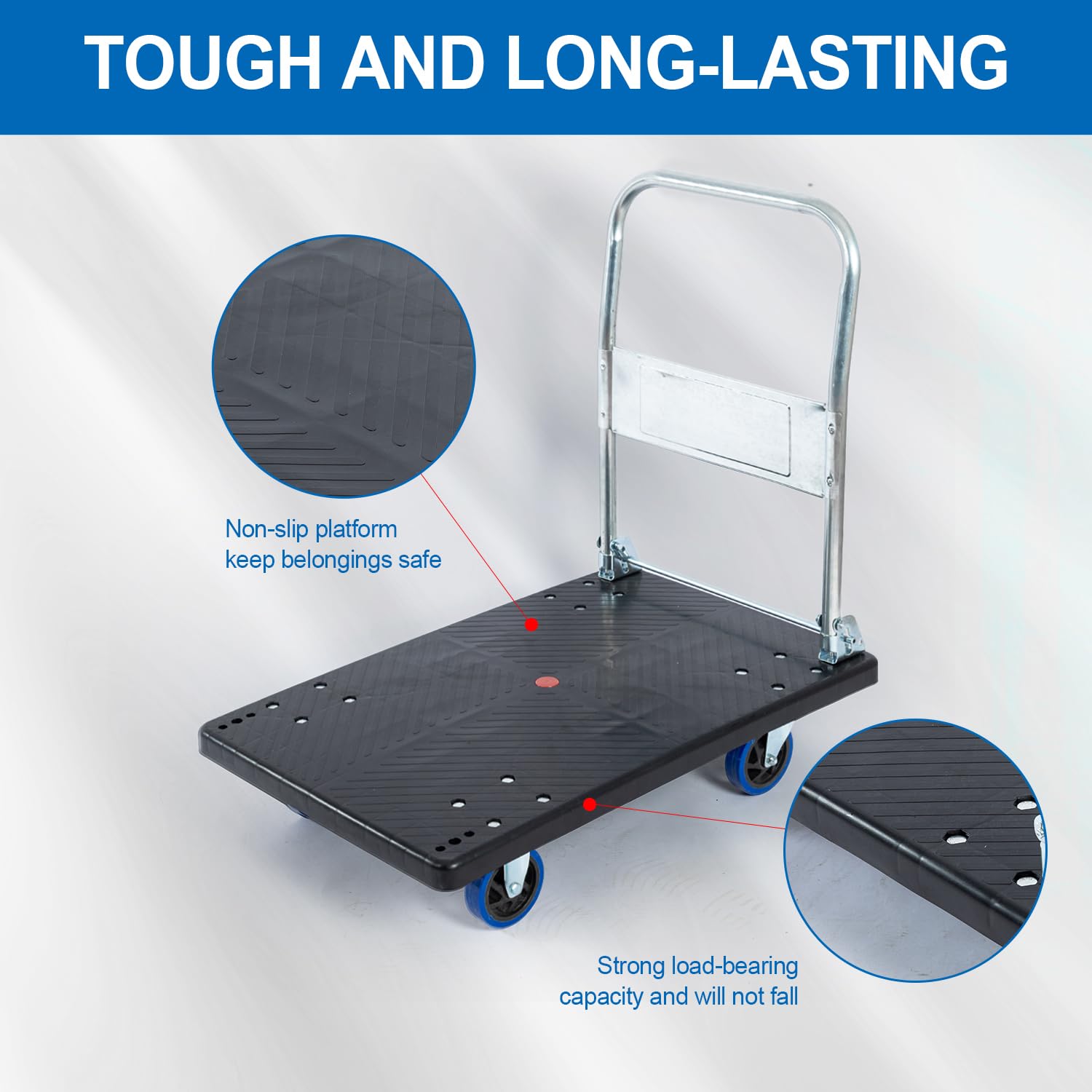 K IKIDO Carrito de transporte plegable con asa – Carrito de transporte con asa – Soporte de transporte antideslizante – Capacidad de carga de 300 kg – Plataforma grande