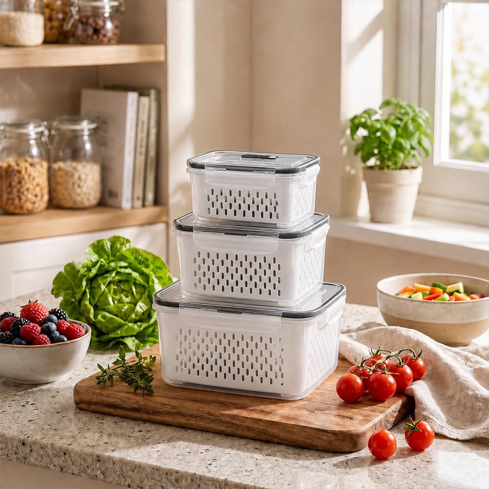 Contenitori per Frutta da Frigo, Set 3/4 Pezzi con Cestello Scolapasta Rimovibile, Ermetici e Impilabili, Ideali per Verdura, Bacche e Alimenti (4Pcs)