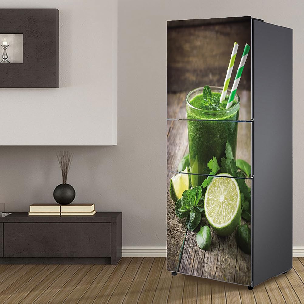 Targawerelax Green Fridge Wraps Kitchen Fridge Stickers Cover Full Doors, Fridge Sticker Full Covering Door Fridge Covers Skins Wall Stickers For Kitchen Decal, Mint Cocktail Lemon Cool