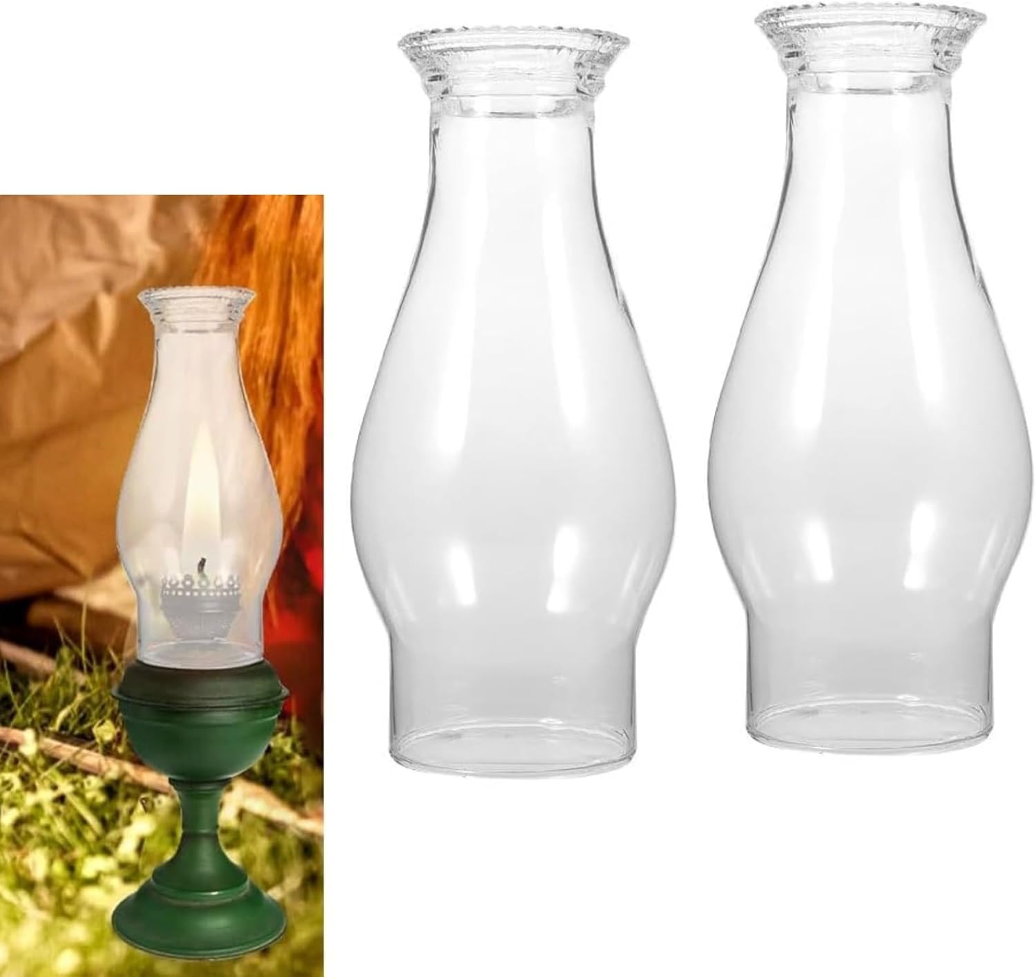 STOBAZA 2 Pack Oil Lamp Chimney Replacement Glass, 8.25 Inch Tall x 2.75 Inch Base, Clear Hurricane Lantern Globe, Vintage Crimped Top Kerosene Lamp Shade for Antique Chamber Light