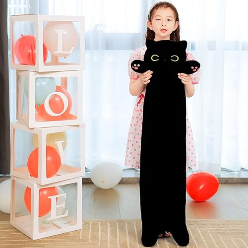 Miniatura 4 de SNOWOLF Peluche de gato negro de 59 pulgadas, almohada suave y larga para el cuerpo, almohada corporal de peluche con diseño de gato negro y sésamo