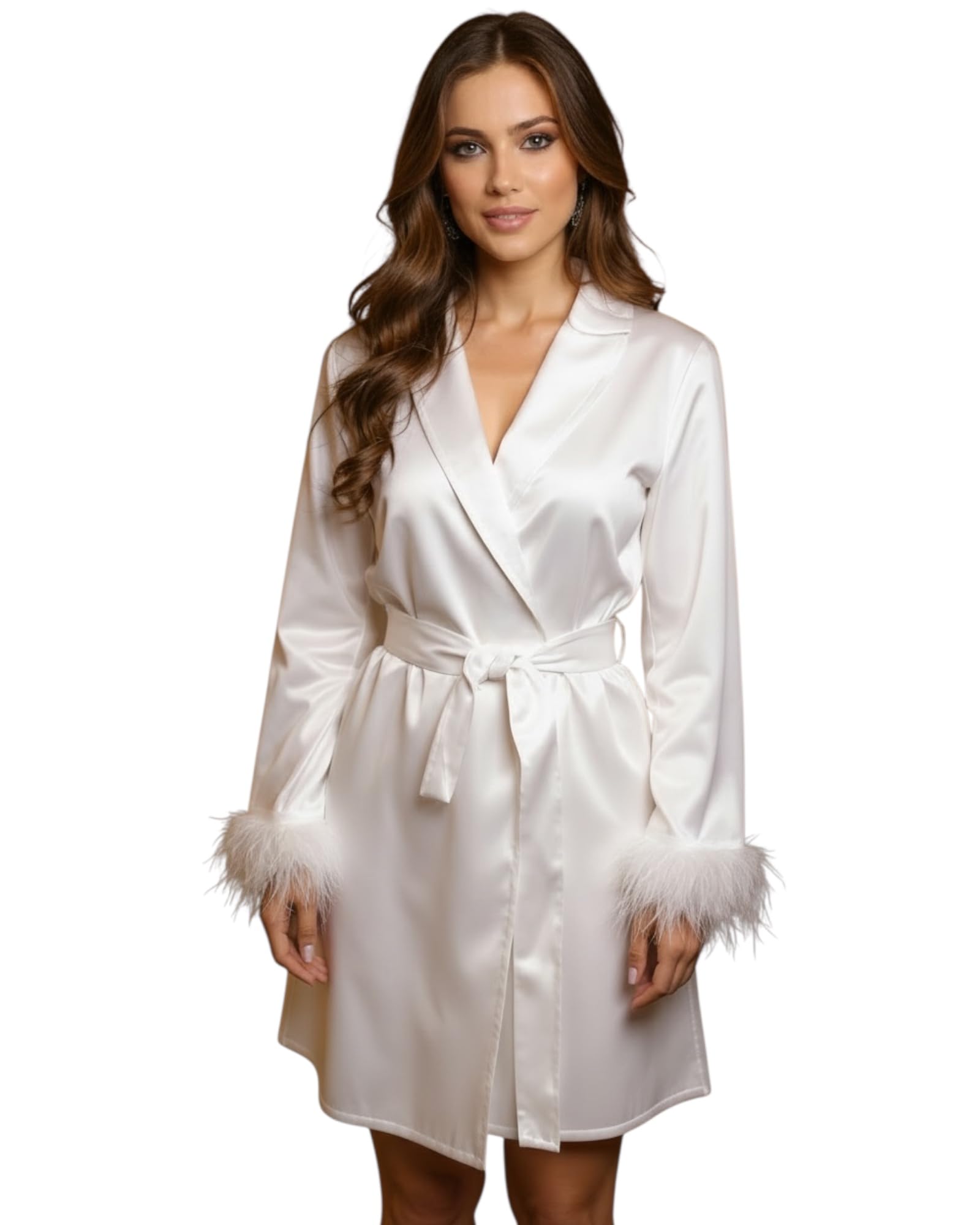 ADMAS Vestaglia Donna Sposa in Raso Satinato con Piume Removibili ai Polsi – Kimono Elegante con Cintura