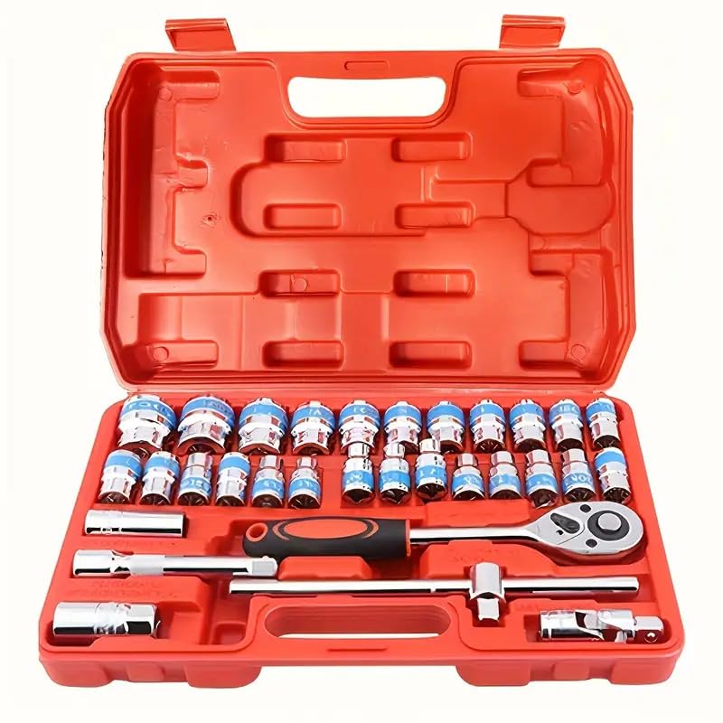 32-Piece 1/2" Drive Ratchet & Socket Tool Set - Chrome Vanadium Steel, Mechanical Operation For Auto Repair And Maintenance, Hex
