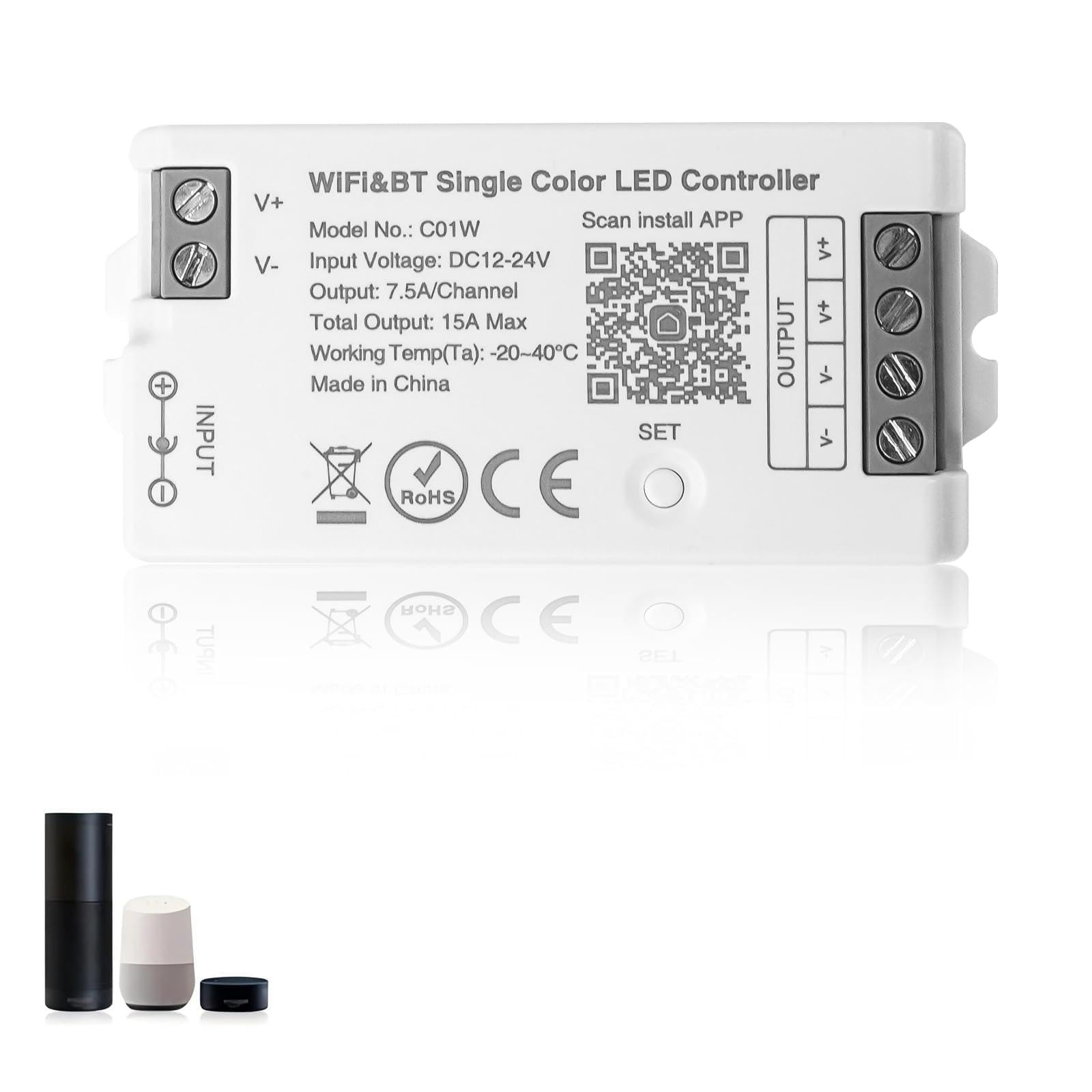 C01W Contrôleur Wifi LED,Commande Vocale/App Tuya/Smart Life,Remote LM091,LM096,LM007,LM097,Timer,12V-24V Contrôleur de Gradateur LED pour Bandes LED COB SMD 3014,5730,3528(Couleur unique)