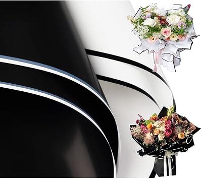 XIAOHONG 40 Sheets Black and White Border Flower Wrapping Paper,Waterproof Thicken Florist Bouquet Packaging Paper,Floral Wrapping Paper for fresh flower Gift Box Packaging