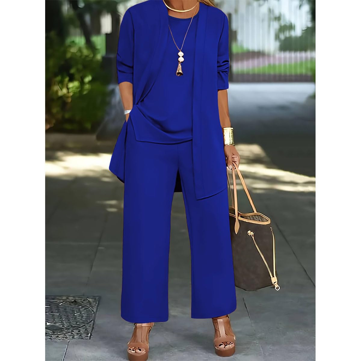Elegante set da 3 pezzi con cardigan lungo e pantaloni, completo da viaggio per invitati a nozze da donna