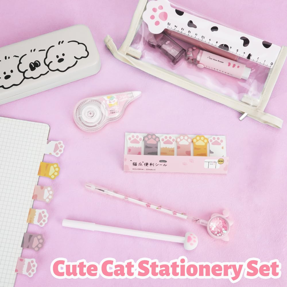 Kit Papeterie Patte de Chat 13 Pièces, Mini Rouleau à Crayons, Gomme, Ruban Correcteur, Stylos, Règle, Notes Adhésives, Surligneurs