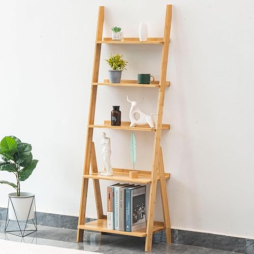 Maydear Bamboo Ladder Shelf Bookcase, 5-Tier Leaning Bookshelf Free Standing Organizer Storage Shelves for Living Room, Bedroom, Kitchen, Home Office, Balcony, Natural Wood - 5 Tier - Natural