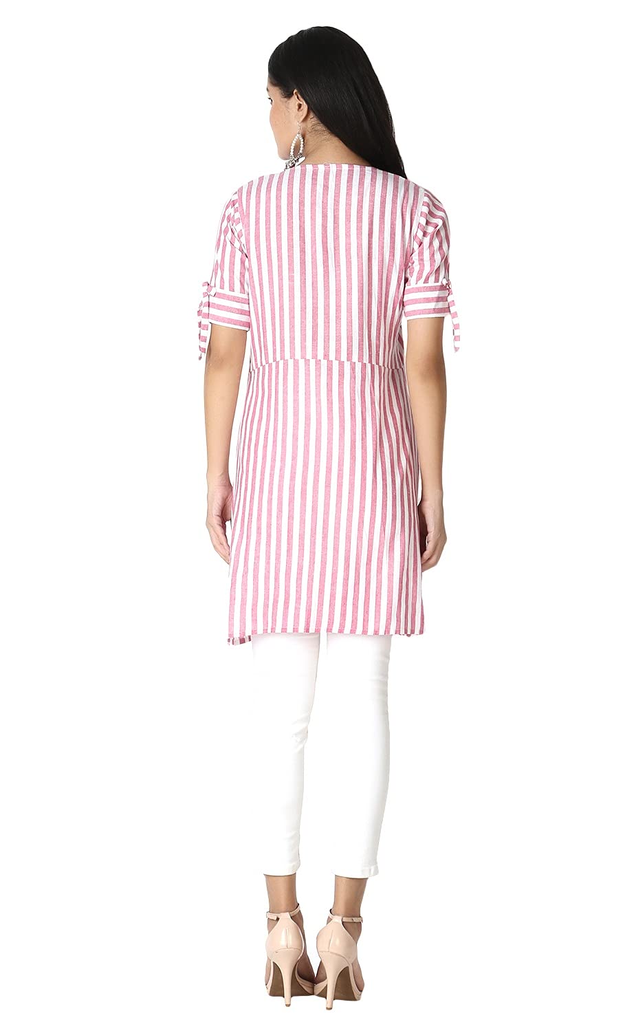 Om Sai Latest Creation Women's Slub Rayon 3/4 Sleeves Stitched Kurtis (Pink, Large)